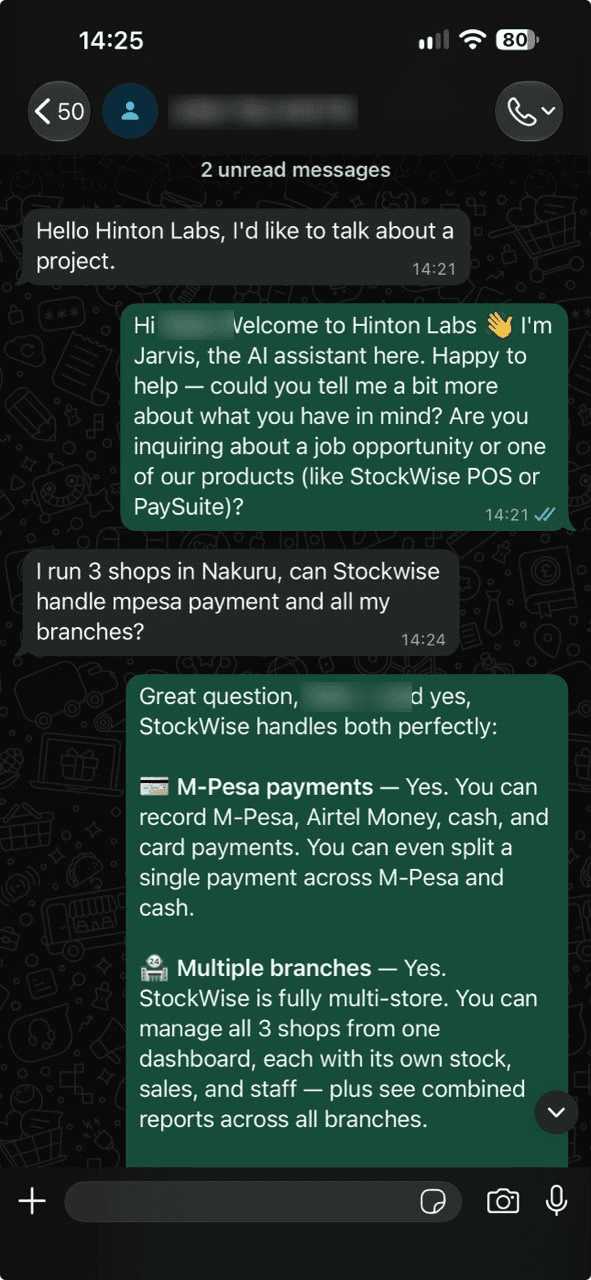 Screenshot of an actual WhatsApp conversation with Jarvis